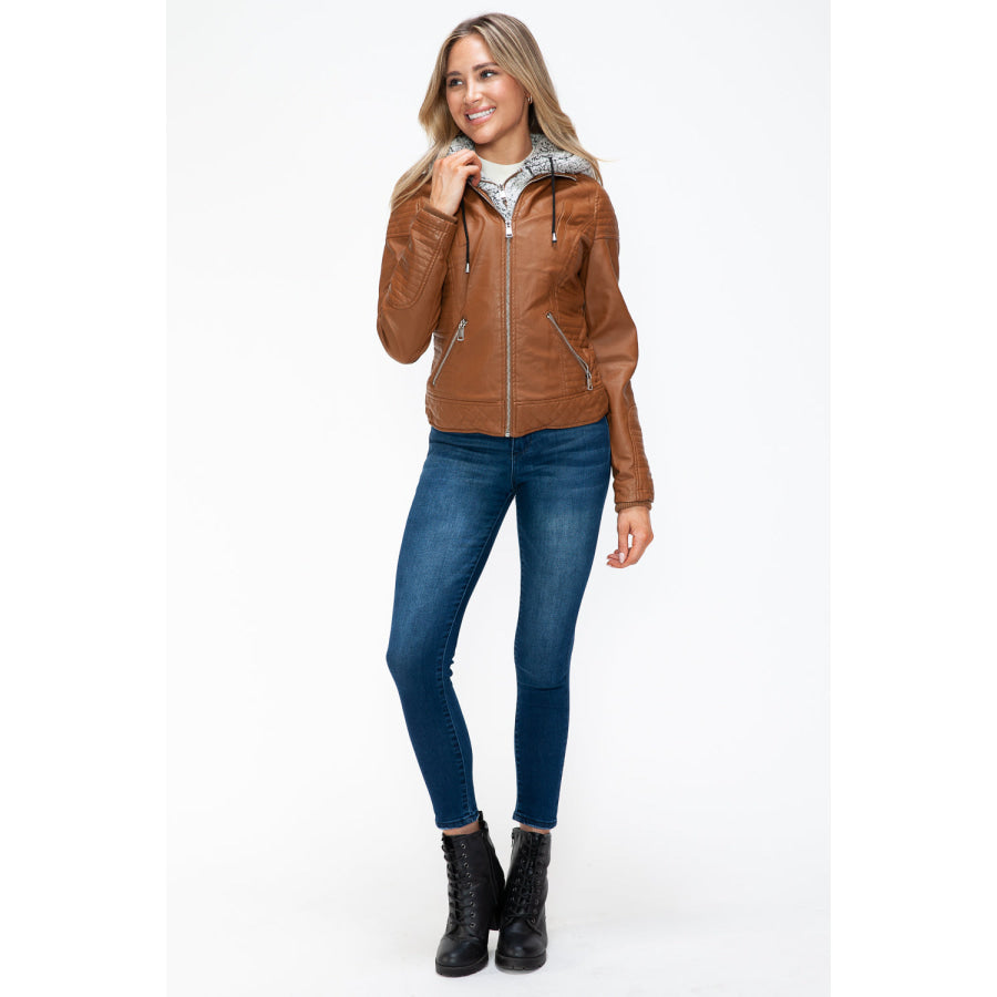 YMI Faux Layered Double-Zipper Jacket with Fuzzy Hood Apparel and Accessories