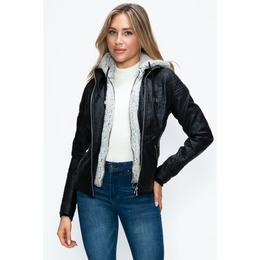 YMI Faux Layered Double-Zipper Jacket with Fuzzy Hood Apparel and Accessories