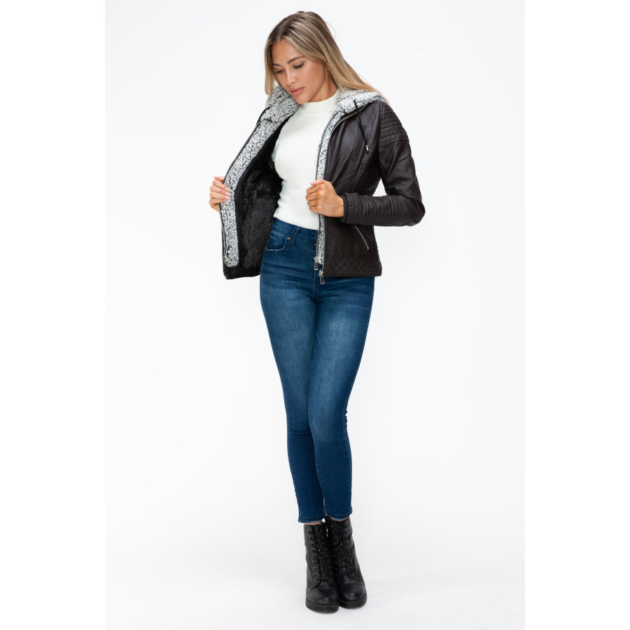 YMI Faux Layered Double-Zipper Jacket with Fuzzy Hood Apparel and Accessories