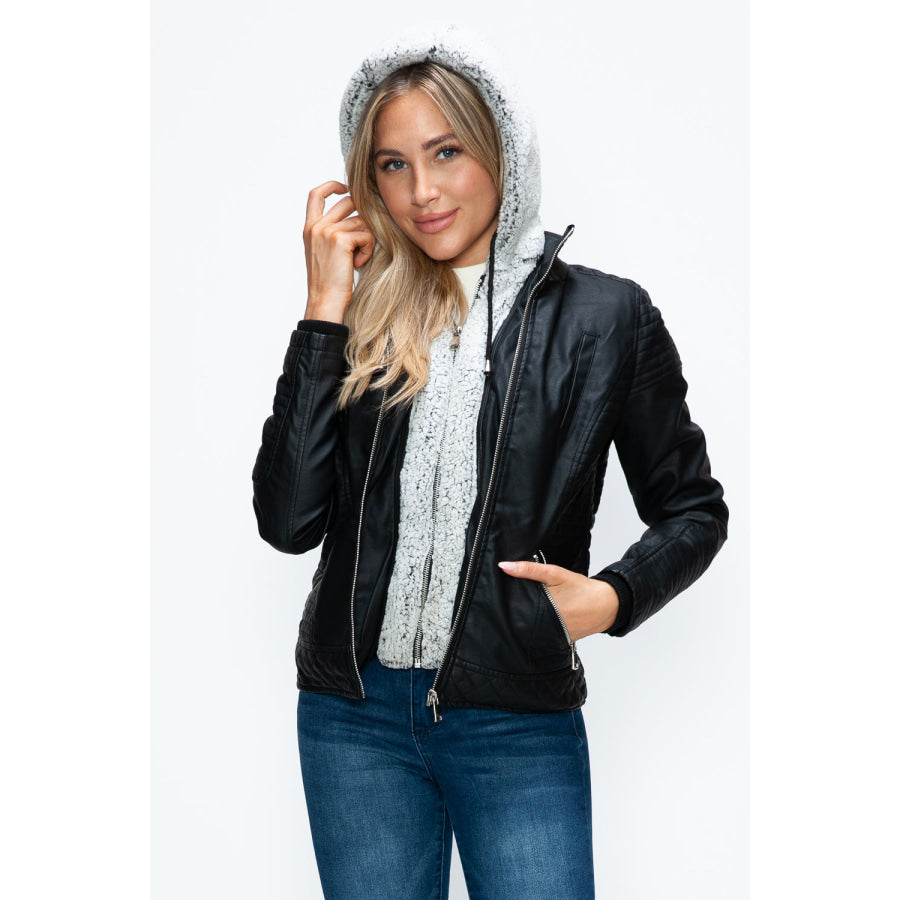 YMI Faux Layered Double-Zipper Jacket with Fuzzy Hood Apparel and Accessories