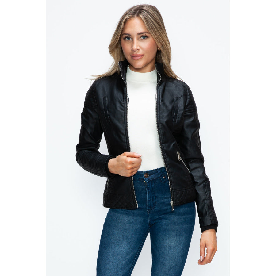 YMI Faux Layered Double-Zipper Jacket with Fuzzy Hood Apparel and Accessories