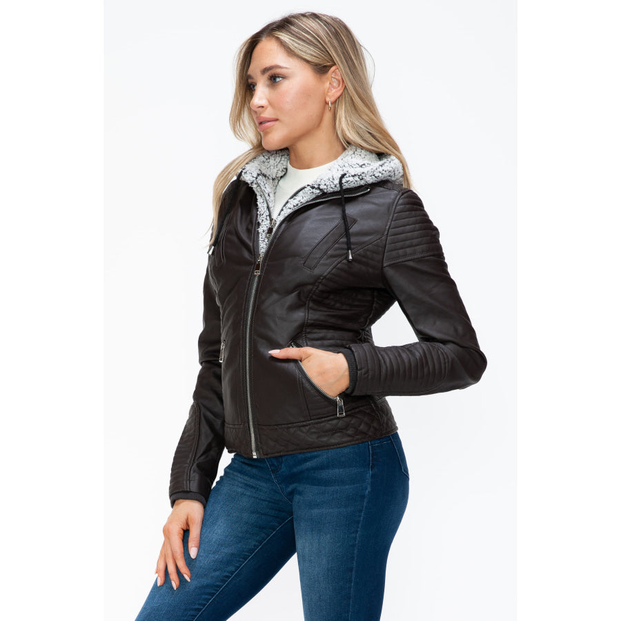 YMI Faux Layered Double-Zipper Jacket with Fuzzy Hood Apparel and Accessories