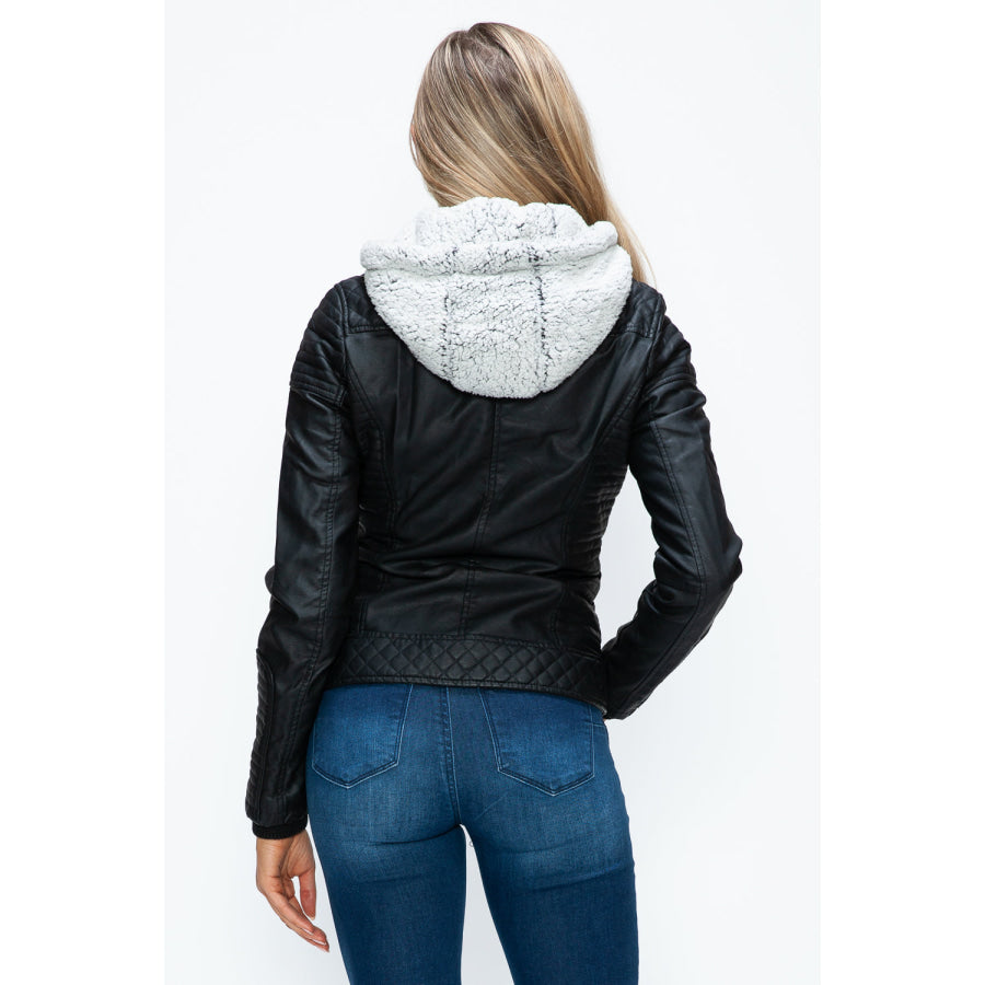 YMI Faux Layered Double-Zipper Jacket with Fuzzy Hood Apparel and Accessories