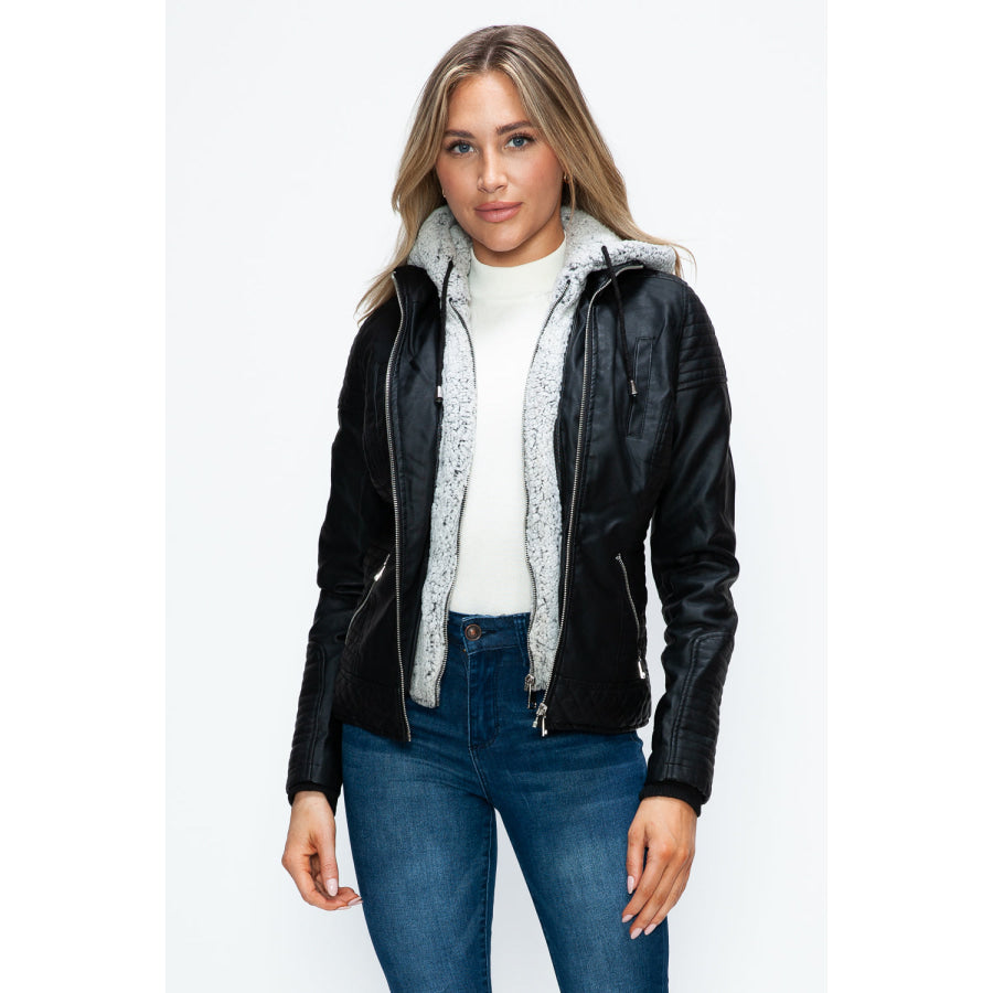 YMI Faux Layered Double-Zipper Jacket with Fuzzy Hood Apparel and Accessories