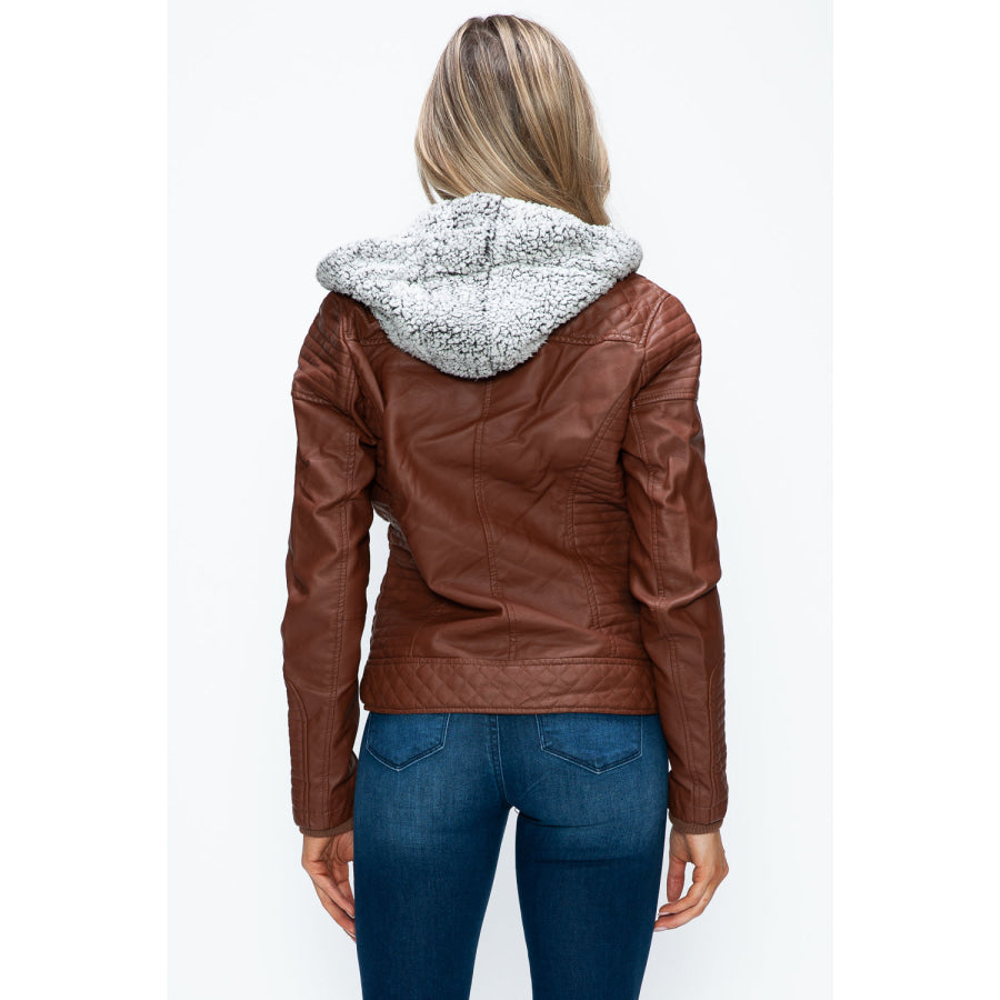 YMI Faux Layered Double-Zipper Jacket with Fuzzy Hood Apparel and Accessories