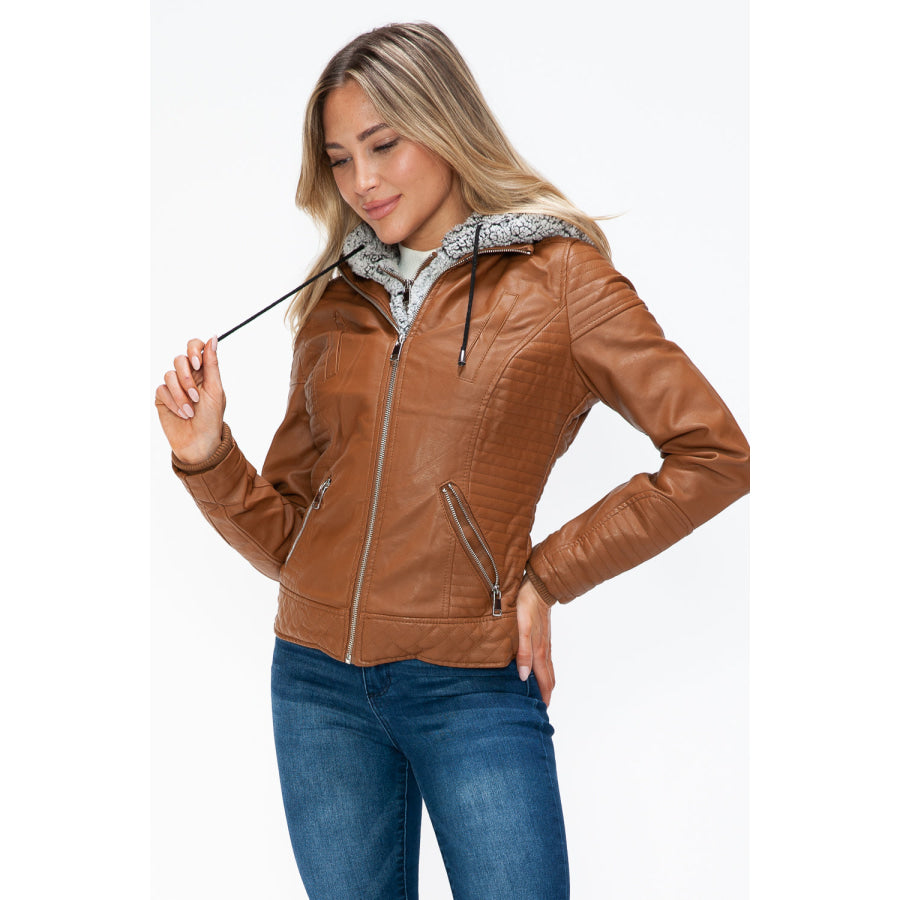 YMI Faux Layered Double-Zipper Jacket with Fuzzy Hood Apparel and Accessories