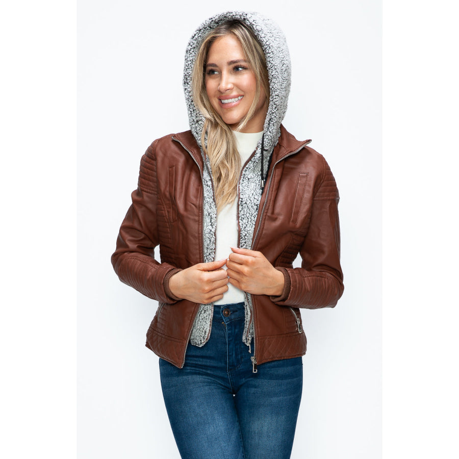 YMI Faux Layered Double-Zipper Jacket with Fuzzy Hood Apparel and Accessories