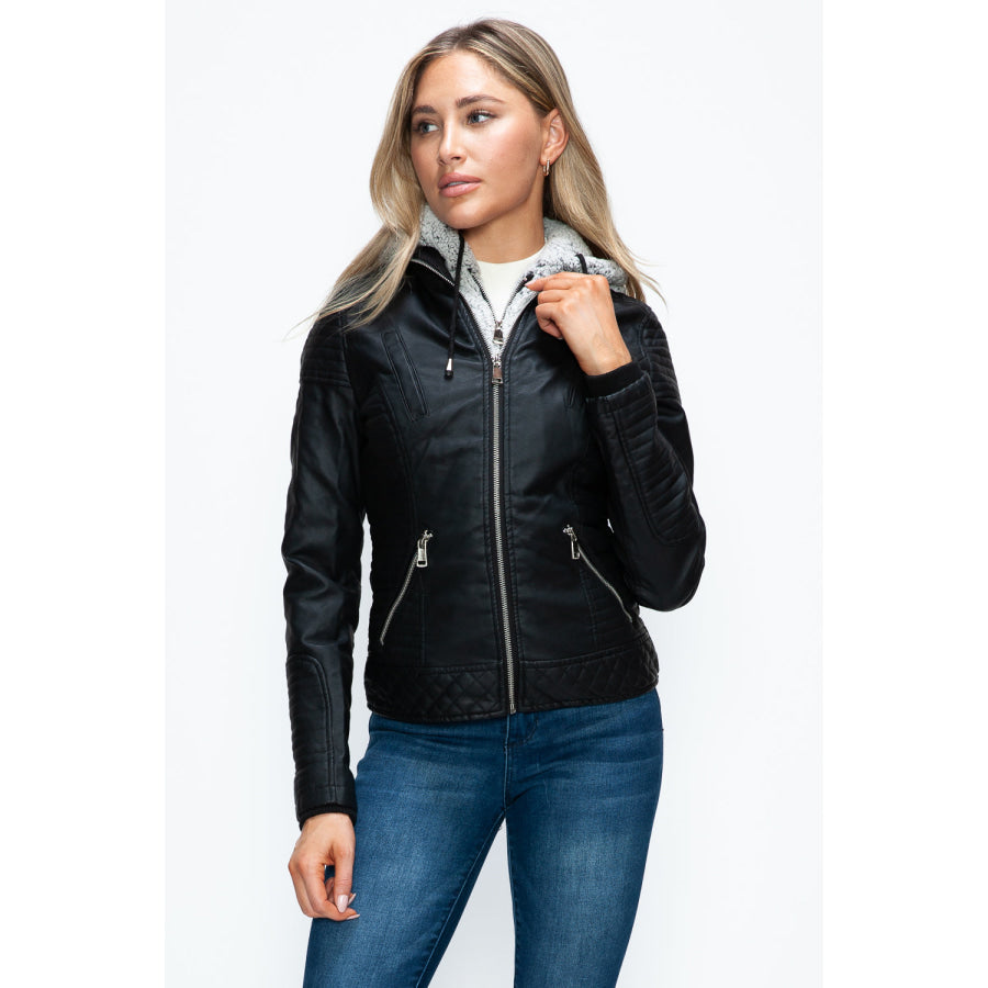 YMI Faux Layered Double-Zipper Jacket with Fuzzy Hood Apparel and Accessories