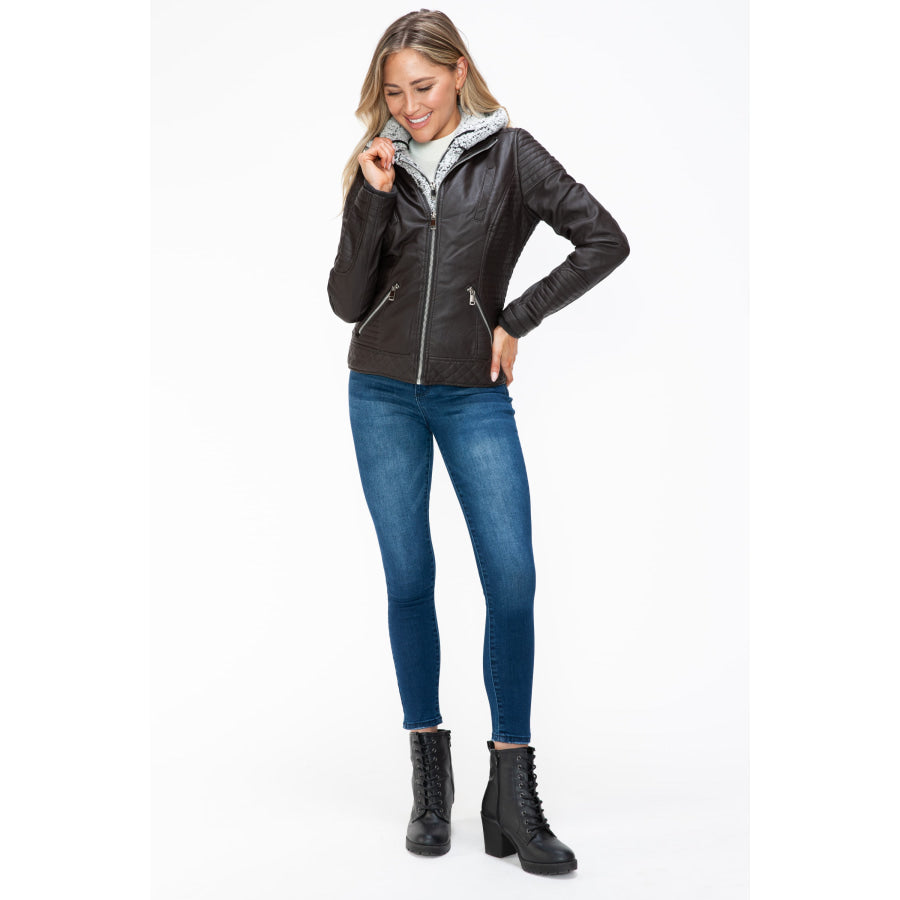 YMI Faux Layered Double-Zipper Jacket with Fuzzy Hood Apparel and Accessories