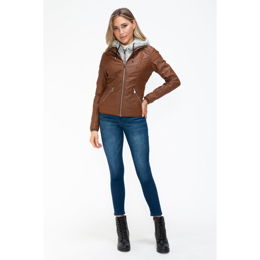 YMI Faux Layered Double-Zipper Jacket with Fuzzy Hood Apparel and Accessories