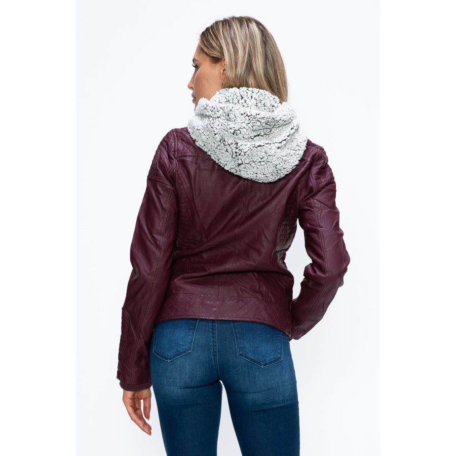 YMI Faux Layered Double-Zipper Jacket with Fuzzy Hood Apparel and Accessories