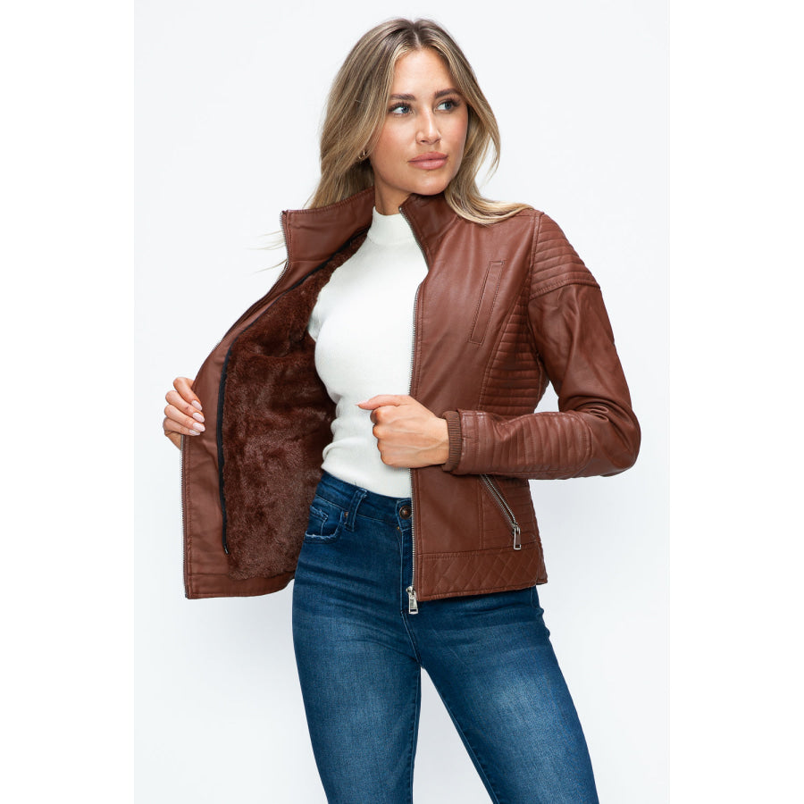 YMI Faux Layered Double-Zipper Jacket with Fuzzy Hood Apparel and Accessories