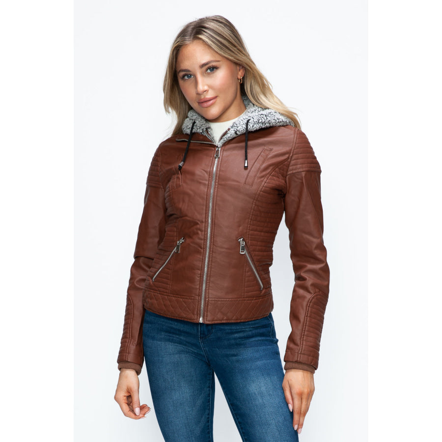 YMI Faux Layered Double-Zipper Jacket with Fuzzy Hood Apparel and Accessories