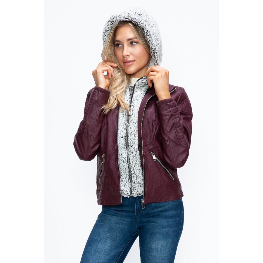 YMI Faux Layered Double-Zipper Jacket with Fuzzy Hood Apparel and Accessories