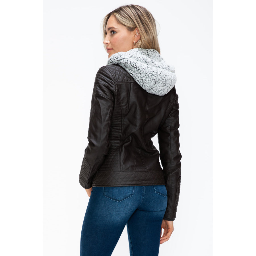 YMI Faux Layered Double-Zipper Jacket with Fuzzy Hood Apparel and Accessories