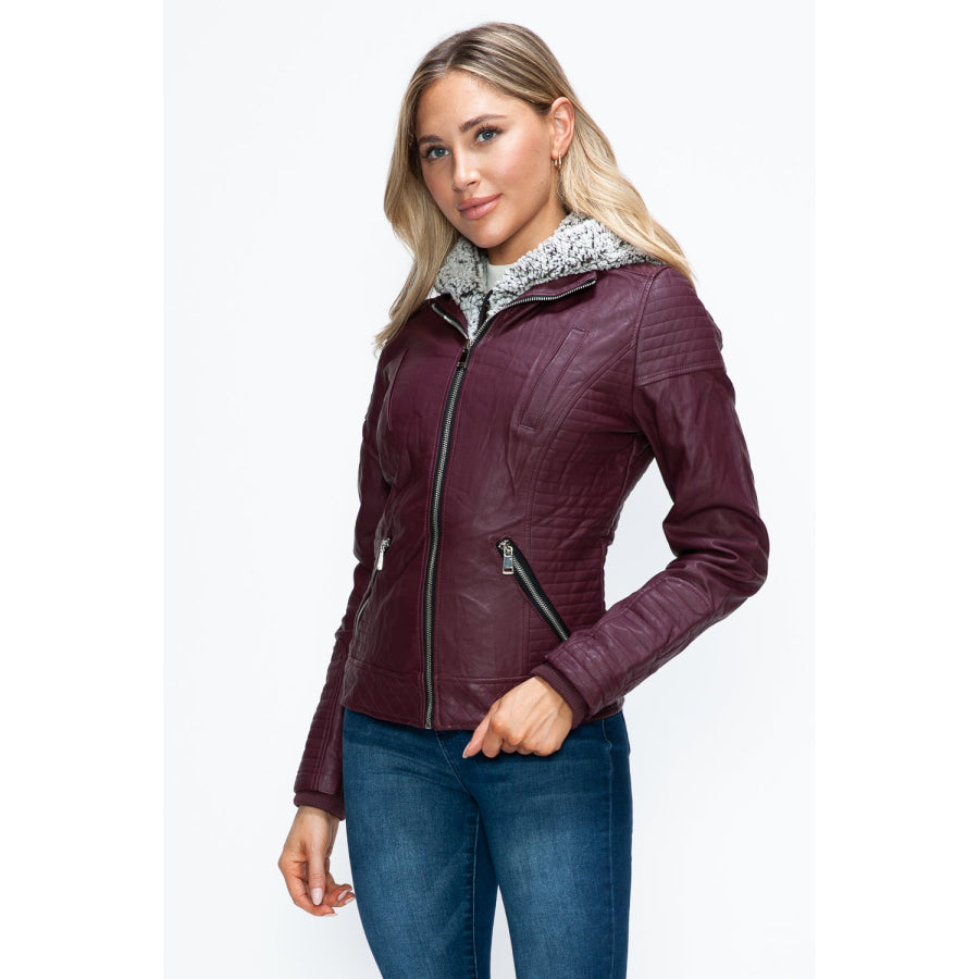 YMI Faux Layered Double-Zipper Jacket with Fuzzy Hood Apparel and Accessories