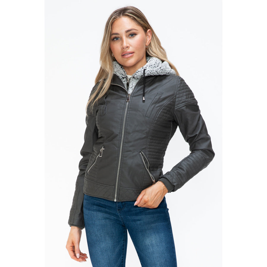 YMI Faux Layered Double-Zipper Jacket with Fuzzy Hood Apparel and Accessories