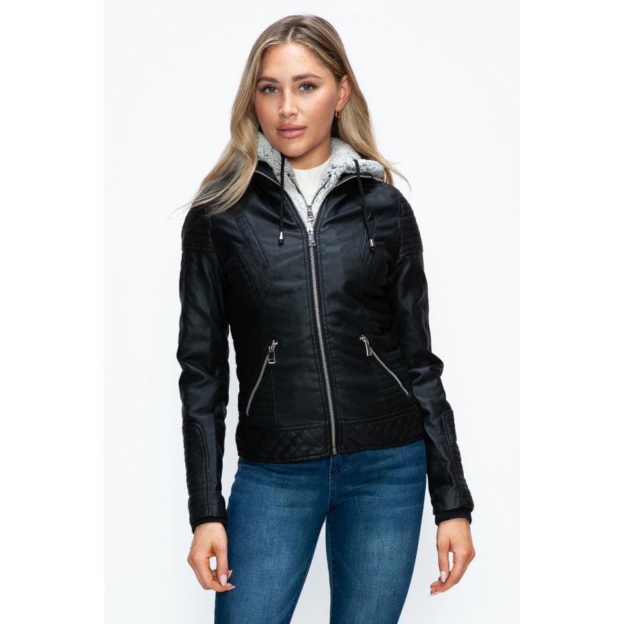 YMI Faux Layered Double-Zipper Jacket with Fuzzy Hood Apparel and Accessories