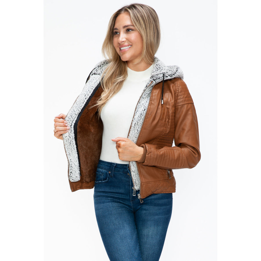 YMI Faux Layered Double-Zipper Jacket with Fuzzy Hood Apparel and Accessories