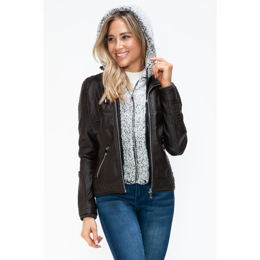 YMI Faux Layered Double-Zipper Jacket with Fuzzy Hood Apparel and Accessories