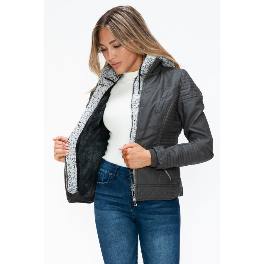 YMI Faux Layered Double-Zipper Jacket with Fuzzy Hood Apparel and Accessories