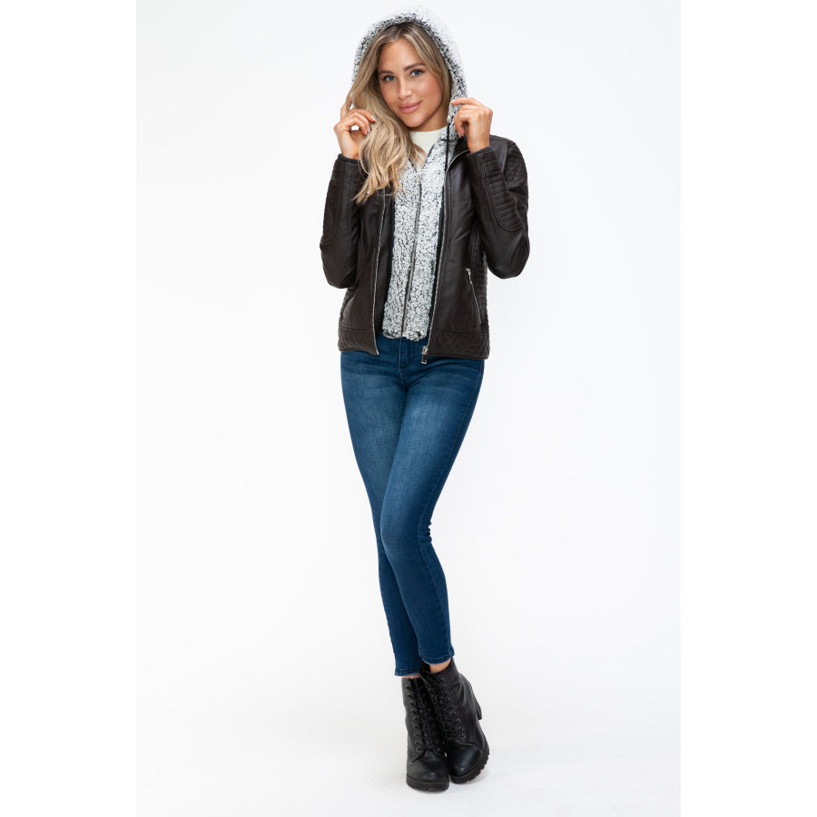 YMI Faux Layered Double-Zipper Jacket with Fuzzy Hood Apparel and Accessories