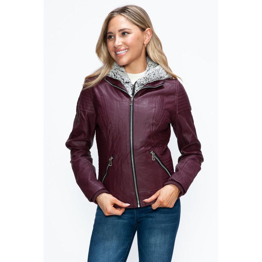 YMI Faux Layered Double-Zipper Jacket with Fuzzy Hood Apparel and Accessories