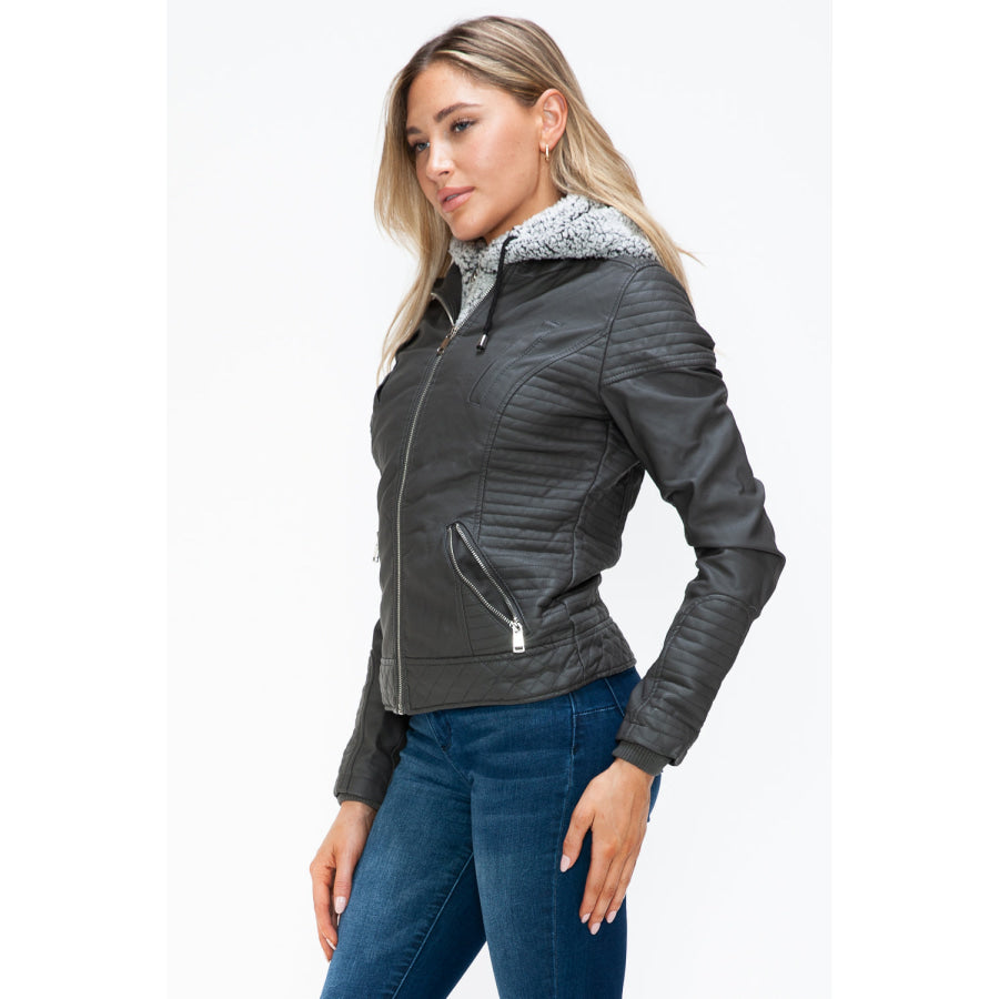 YMI Faux Layered Double-Zipper Jacket with Fuzzy Hood Apparel and Accessories