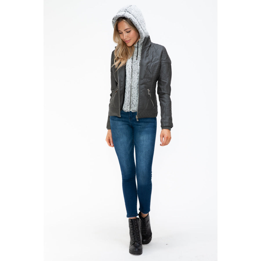 YMI Faux Layered Double-Zipper Jacket with Fuzzy Hood Apparel and Accessories