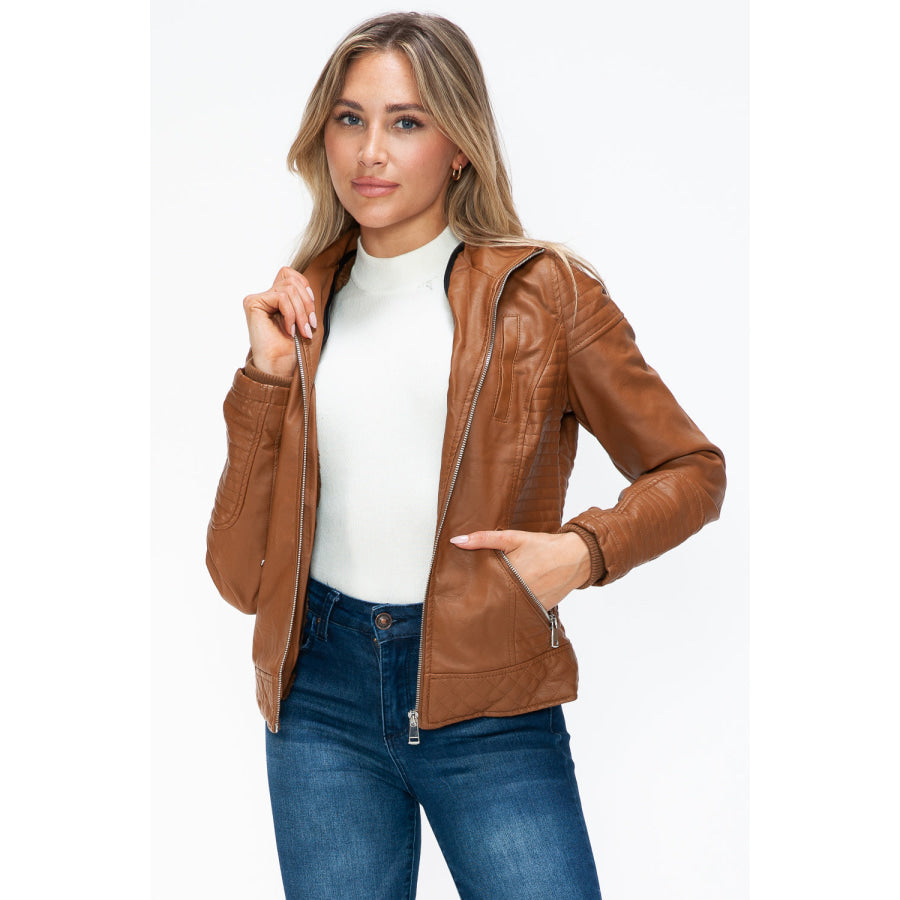 YMI Faux Layered Double-Zipper Jacket with Fuzzy Hood Apparel and Accessories