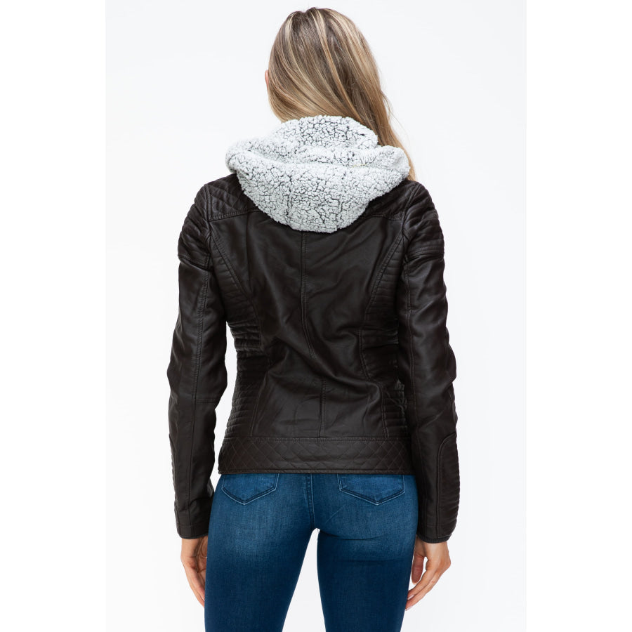 YMI Faux Layered Double-Zipper Jacket with Fuzzy Hood Apparel and Accessories