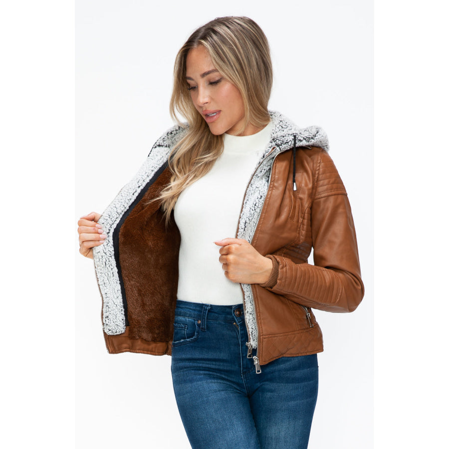 YMI Faux Layered Double-Zipper Jacket with Fuzzy Hood Apparel and Accessories