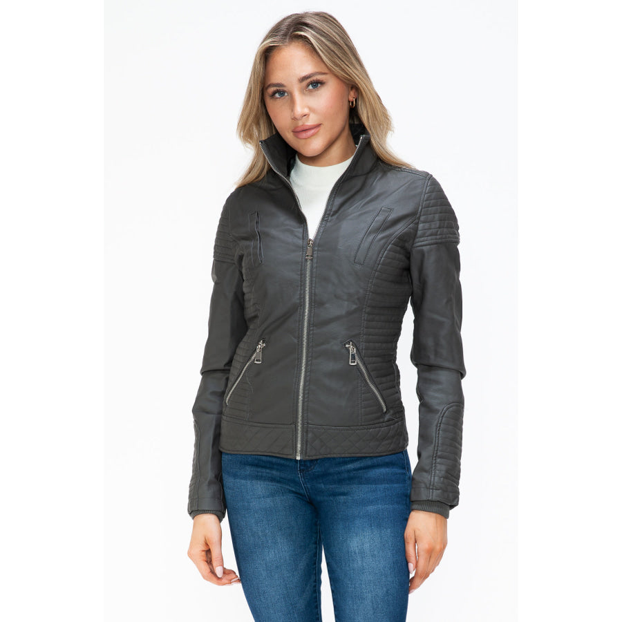 YMI Faux Layered Double-Zipper Jacket with Fuzzy Hood Apparel and Accessories