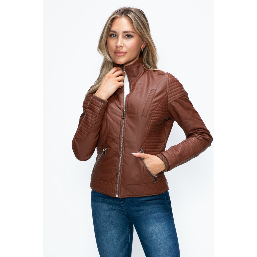 YMI Faux Layered Double-Zipper Jacket with Fuzzy Hood Apparel and Accessories