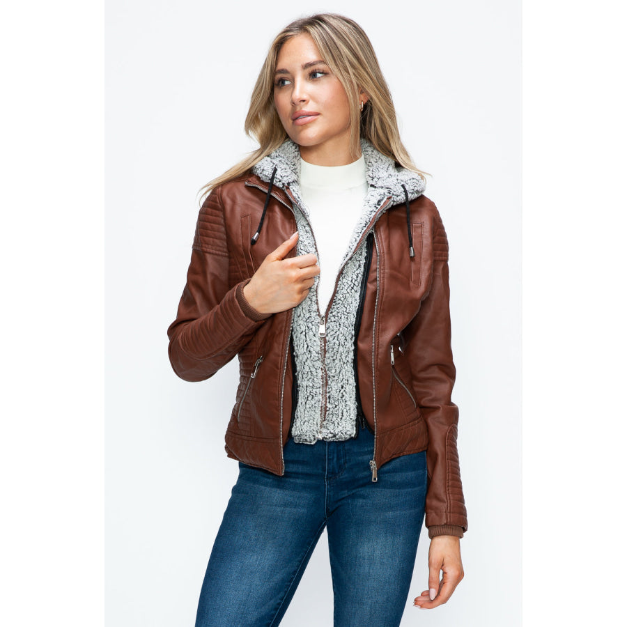 YMI Faux Layered Double-Zipper Jacket with Fuzzy Hood Apparel and Accessories