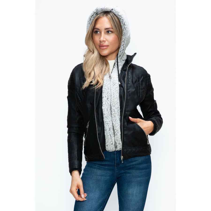 YMI Faux Layered Double-Zipper Jacket with Fuzzy Hood Apparel and Accessories