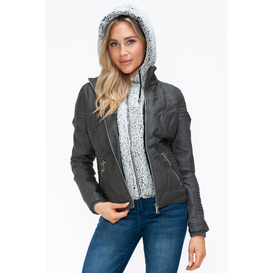 YMI Faux Layered Double-Zipper Jacket with Fuzzy Hood Apparel and Accessories