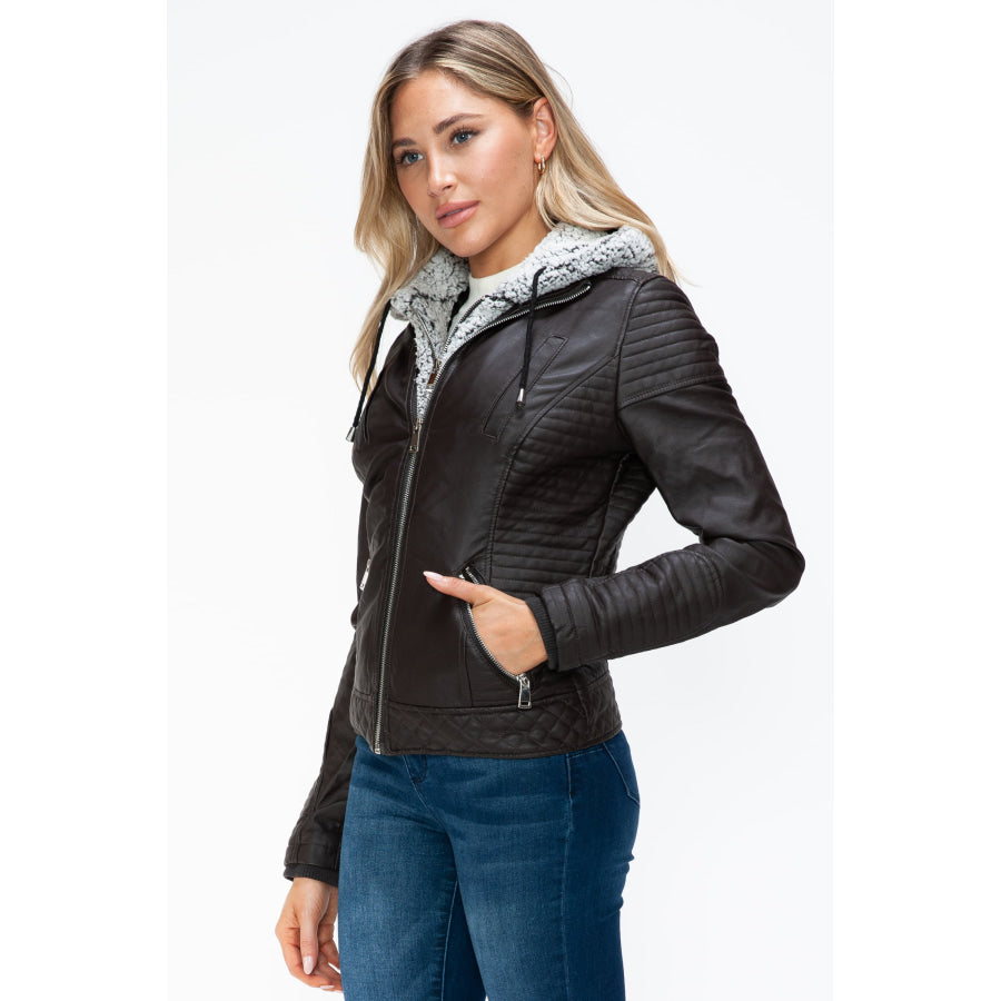 YMI Faux Layered Double-Zipper Jacket with Fuzzy Hood Apparel and Accessories