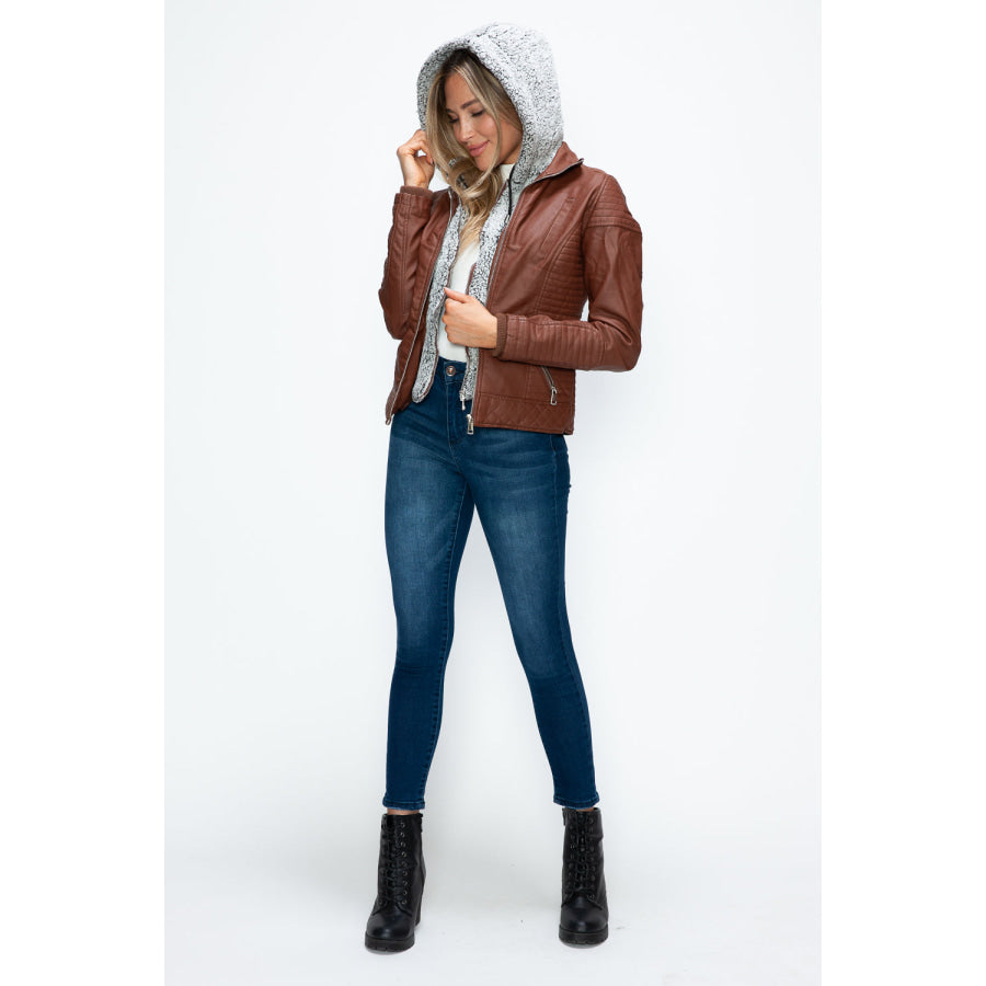 YMI Faux Layered Double-Zipper Jacket with Fuzzy Hood Apparel and Accessories