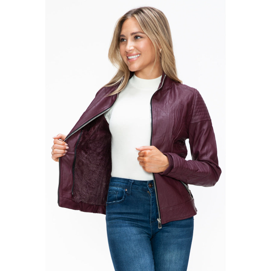 YMI Faux Layered Double-Zipper Jacket with Fuzzy Hood Apparel and Accessories