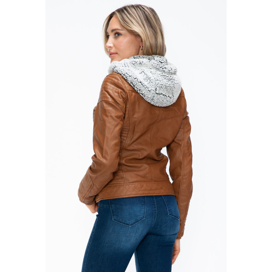 YMI Faux Layered Double-Zipper Jacket with Fuzzy Hood Apparel and Accessories