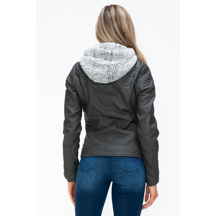 YMI Faux Layered Double-Zipper Jacket with Fuzzy Hood Apparel and Accessories