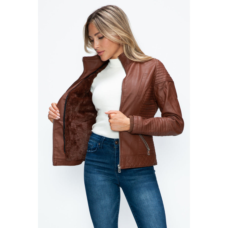 YMI Faux Layered Double-Zipper Jacket with Fuzzy Hood Apparel and Accessories