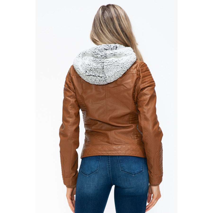 YMI Faux Layered Double-Zipper Jacket with Fuzzy Hood Apparel and Accessories