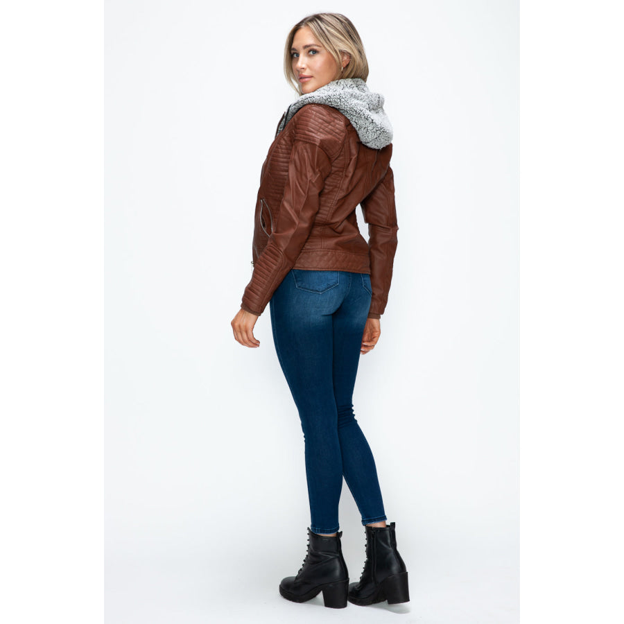 YMI Faux Layered Double-Zipper Jacket with Fuzzy Hood Apparel and Accessories