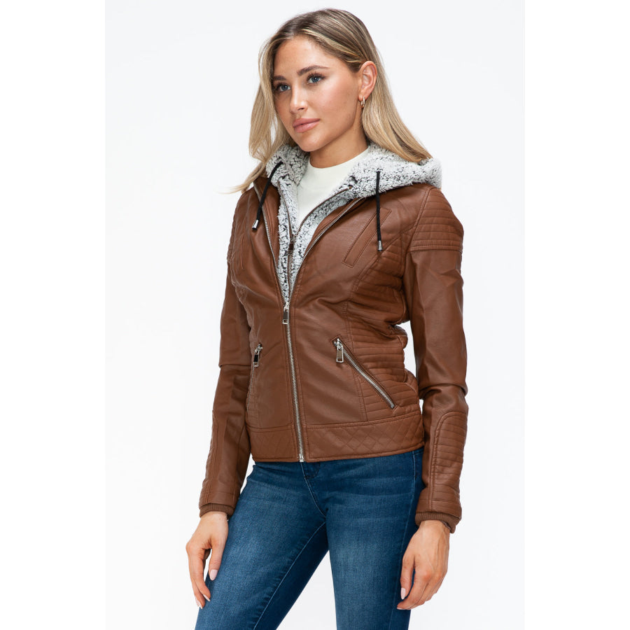 YMI Faux Layered Double-Zipper Jacket with Fuzzy Hood Apparel and Accessories