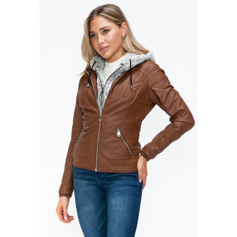 YMI Faux Layered Double-Zipper Jacket with Fuzzy Hood Apparel and Accessories