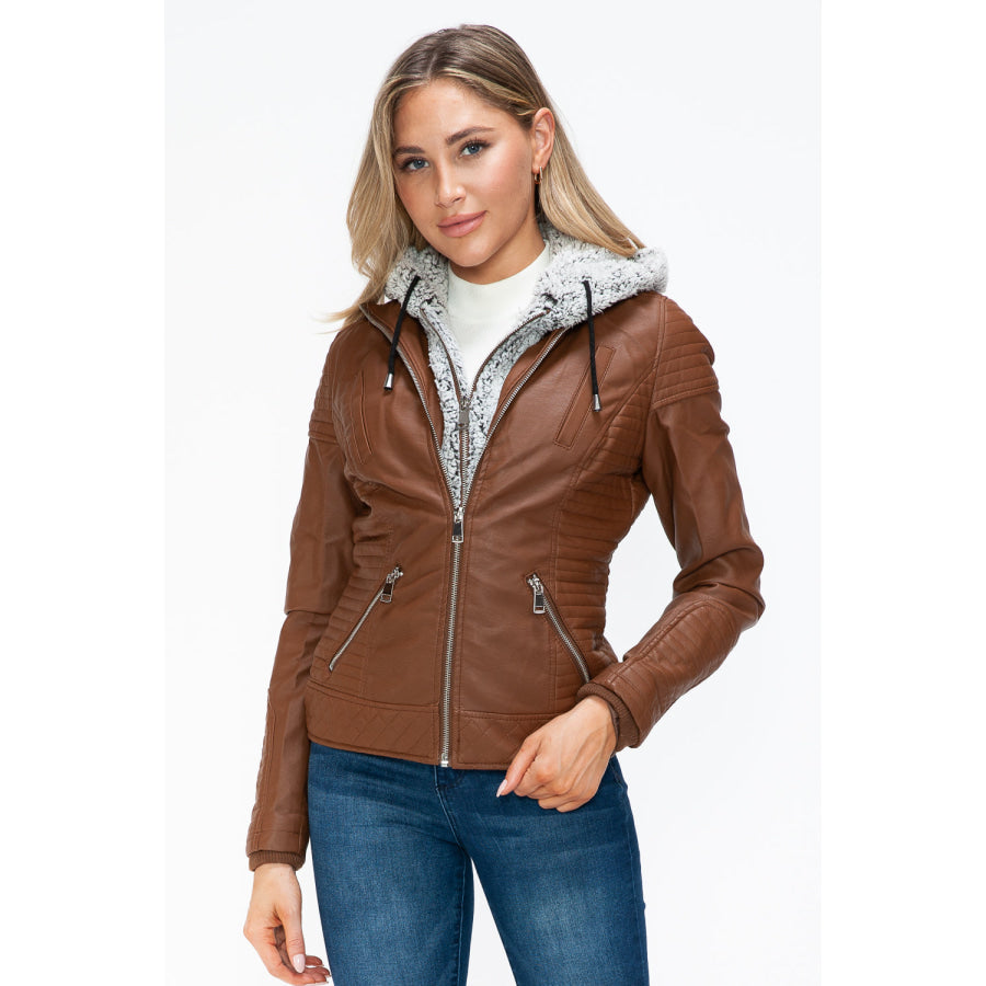 YMI Faux Layered Double-Zipper Jacket with Fuzzy Hood Apparel and Accessories