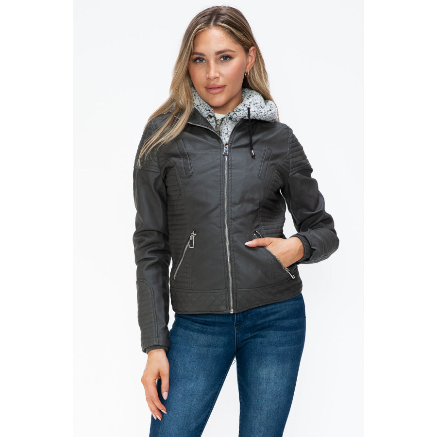 YMI Faux Layered Double-Zipper Jacket with Fuzzy Hood Apparel and Accessories