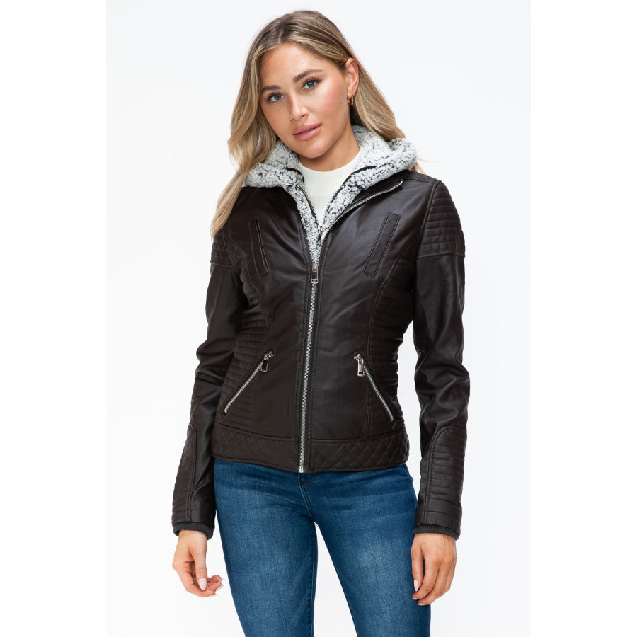 YMI Faux Layered Double-Zipper Jacket with Fuzzy Hood Apparel and Accessories